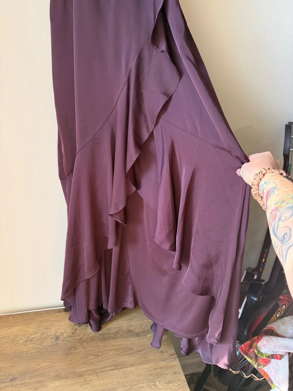 Express Plum Ruffle High-Low Maxi Dress - Picture 3 of 5